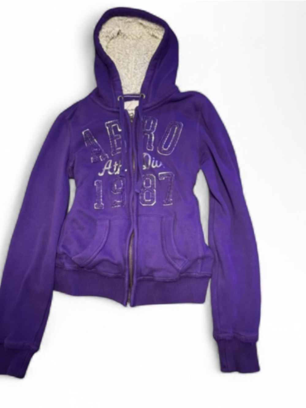 Vintage Y2K Aéropostale "Ath. Div. 1987" Purple Sherpa-Lined Zip-Up Hoodie